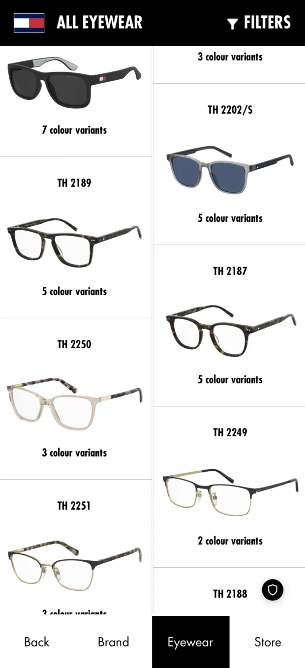 Captura de pantalla del catálogo de Tommy Hilfiger Eyewear en el Gateway de ARShades