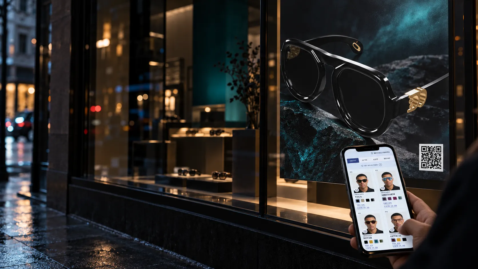 Un escaparate al anochecer, con el cartel de unas gafas y un código QR; en primer plano, un móvil muestra el catálogo de la campaña y las monturas que se pueden probar.