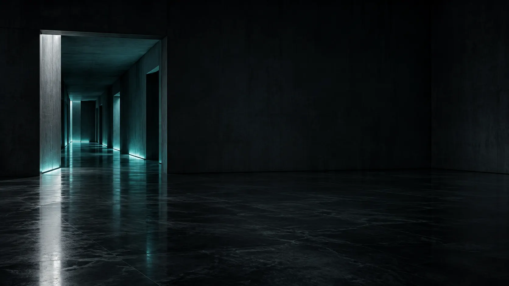 Un pasillo a oscuras con suelo de mármol y una hilera de puertas iluminadas con una luz verde azulada.