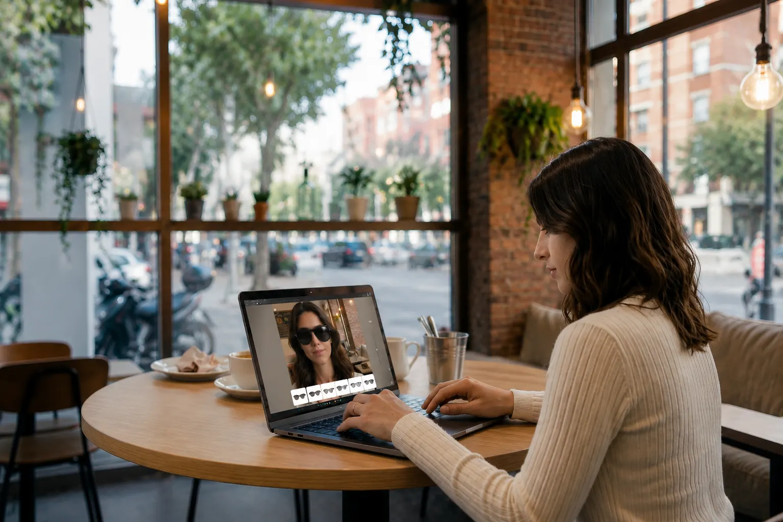 En una cafetería, una mujer se prueba gafas de forma virtual en su portátil: en la pantalla se ve su cara con unas gafas de sol y una fila de monturas.
