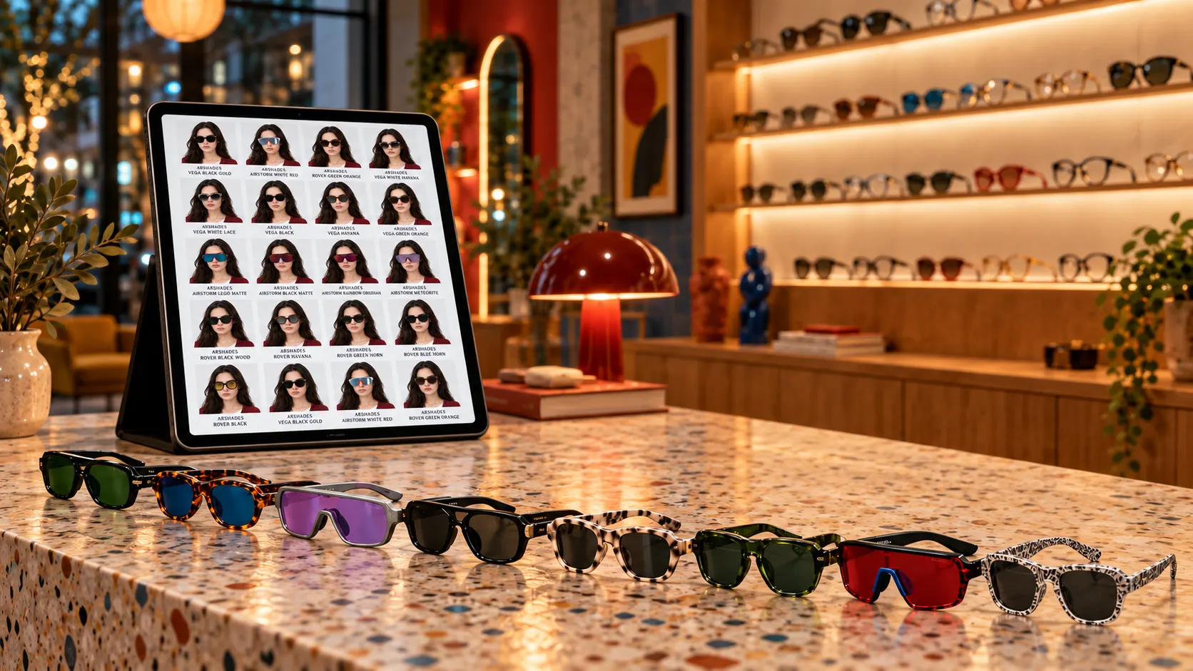 Mostrador de una tienda con una tableta que muestra a la misma clienta con veinte gafas distintas; delante, las monturas en fila.