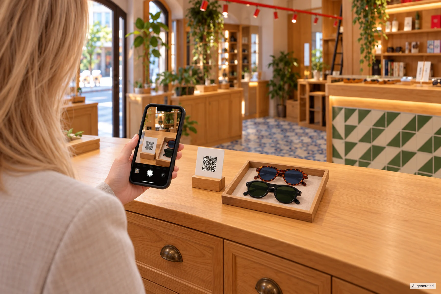 In un negozio di ottica, una donna inquadra con il telefono il codice QR di un espositore da banco accanto a due occhiali.