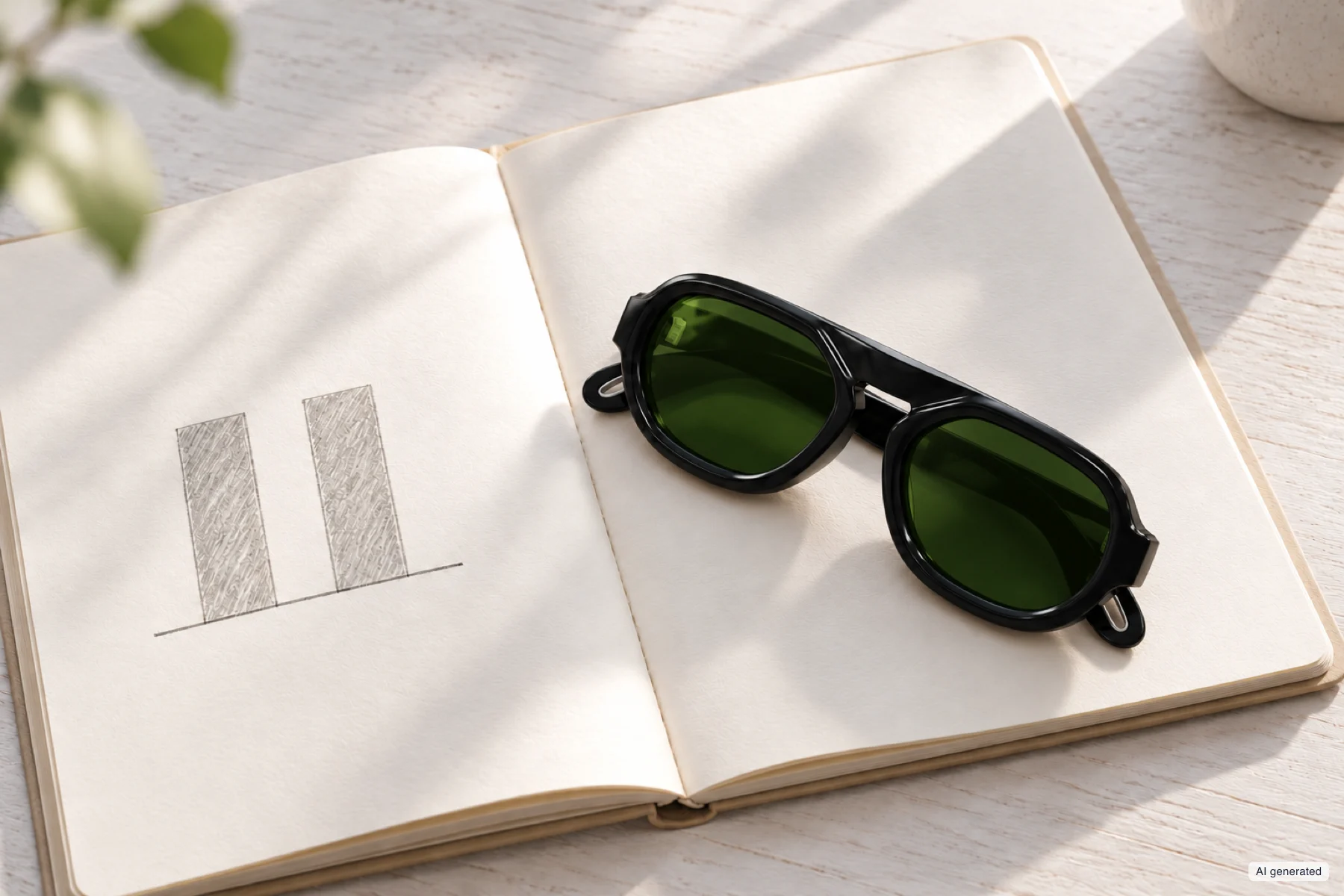 Gafas de sol negras apoyadas en un cuaderno abierto con dos barras casi iguales dibujadas a lápiz.