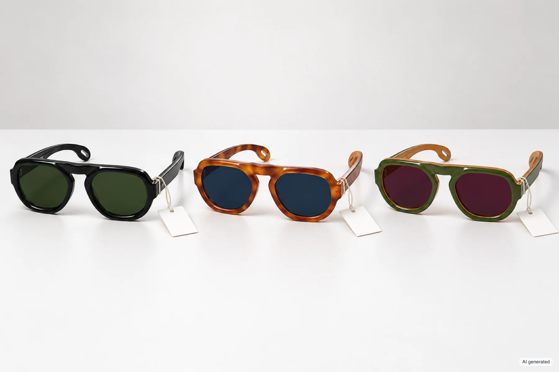 Tres variantes del mismo modelo de gafas de sol, en negro, carey y verde, alineadas sobre una superficie blanca, cada una con su etiqueta.