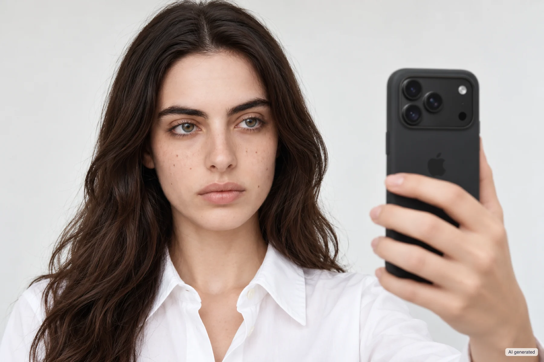 Una mujer sin gafas, vista de frente, sostiene el móvil en alto para la captura guiada del rostro.